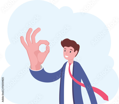 Man in suit shows sign of okey on his fingers. Vector, flat, illustration