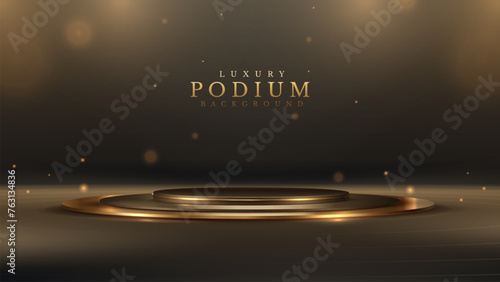 Elegant awards ceremony podium with warm golden ambient light and bokeh. Modern product presentation platform. Black luxury background.