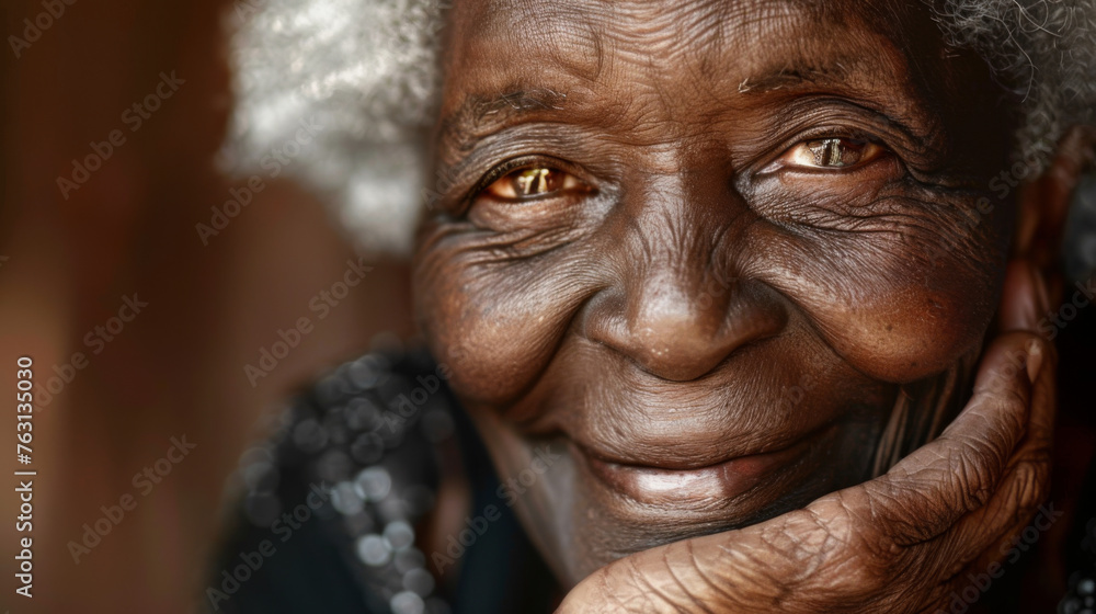 A radiant woman with a warm smile rests her face in her hands.