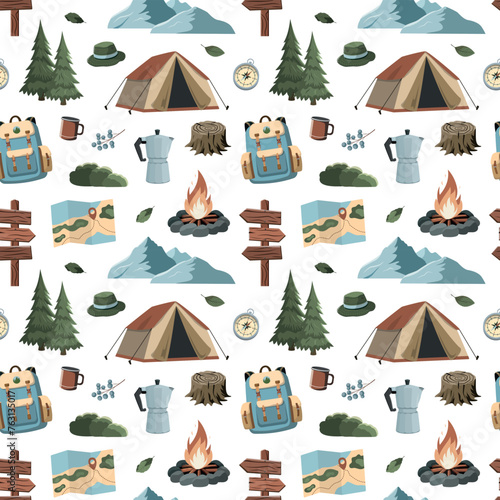 Hand drawn seamless pattern with summer camping equipment. Cartoon vector background. Isolated on white background. Travel and adventure accessories.