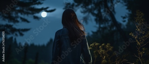 woman walking away, profile moonlight lighting, dark serene forest