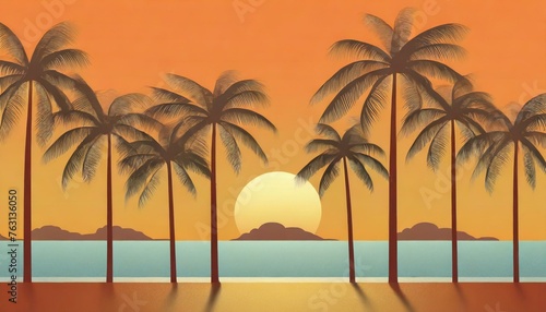 Sunset on the beach with palm trees in the background  paper cut art. 