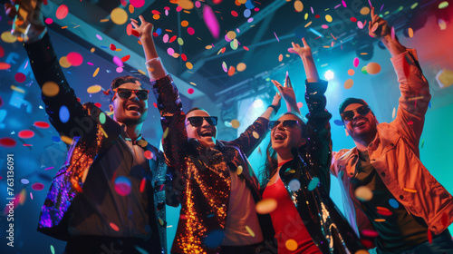 Four friends are celebrating with arms raised amidst a shower of confetti.