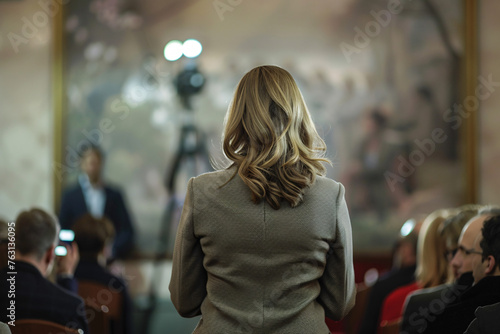 Rear view of a woman addressing an indoor audience