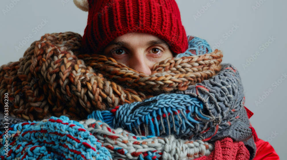 A person is enveloped in an array of chunky, colorful knitted scarves and wearing a red beanie. A person is enveloped in an array of chunky, colorful knitted scarves and wearing a red beanie.