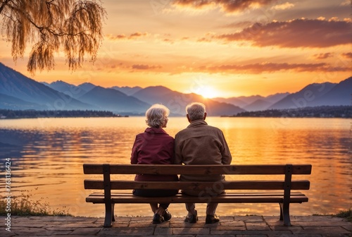 Rear view of an elderly couple sitting on a bench looking at the lake and mountains in the amazing color sunset photo