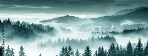 Amazing mystical rising fog mountains sky forest trees landscape view in black forest ( Schwarzwald ) winter, Germany panorama panoramic banner - mystical snow foggy mood photo