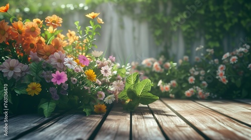 Garden flowers on wooden table background for versatile design