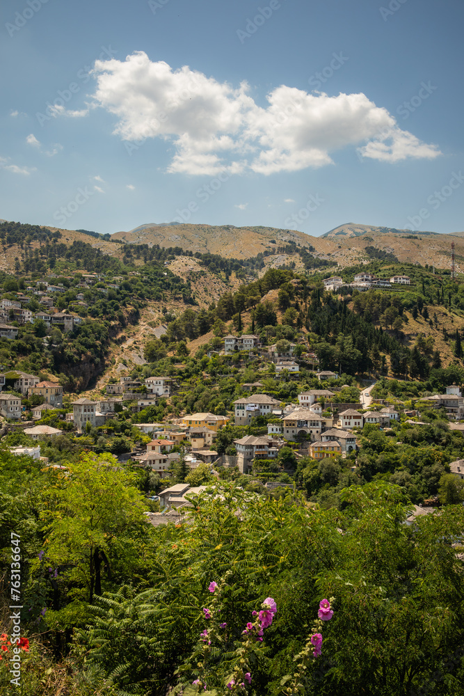 Vertical View of Gjirokaster Town in Hilly Outdoor Nature. Architecture and Trees during Summer Day in Southern Albania.
