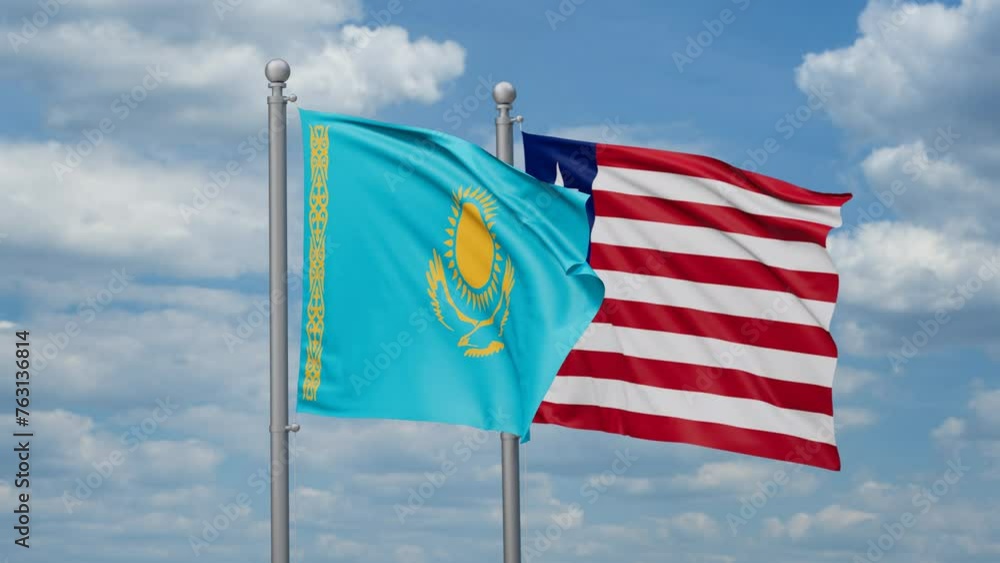 Liberia and Kazakhstan two flags waving together, looped video, two country cooperation concept Liberia and Kazakhstan two flags waving together, looped video, two country cooperation concept