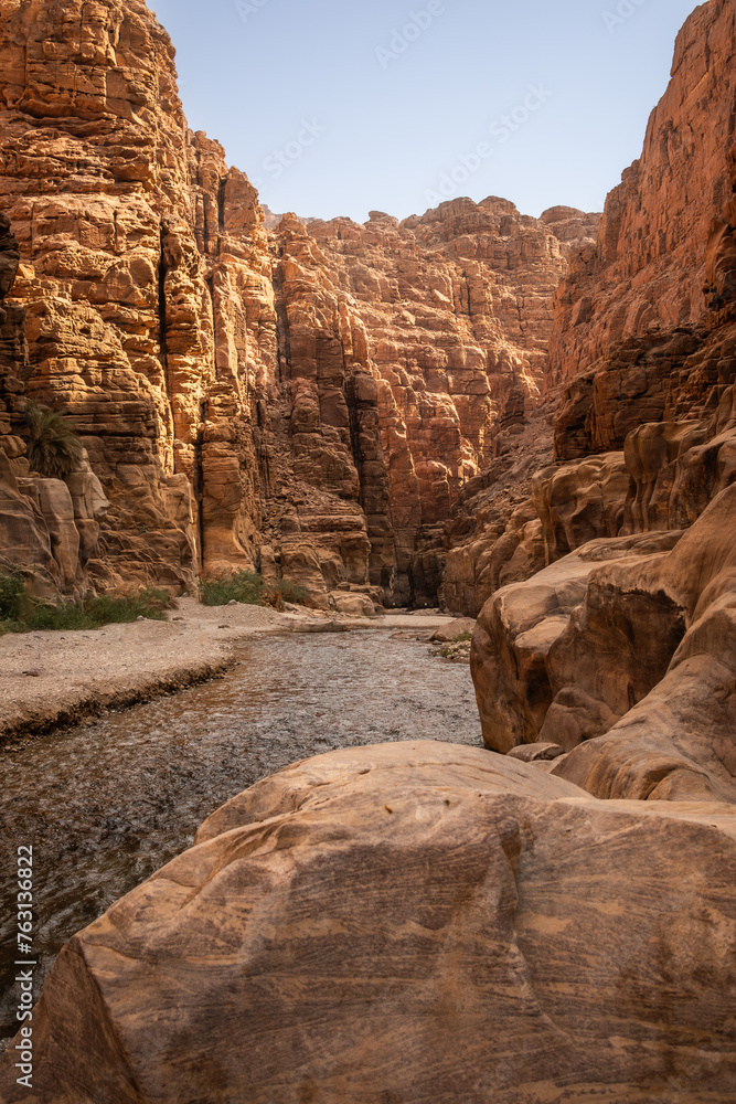 Fototapeta premium Vertical Scenery of Wadi Mujib with Water Stream and Rocky Cliffs. Outdoor Scene or Stones, Sandstone Rock and River in Jordan.