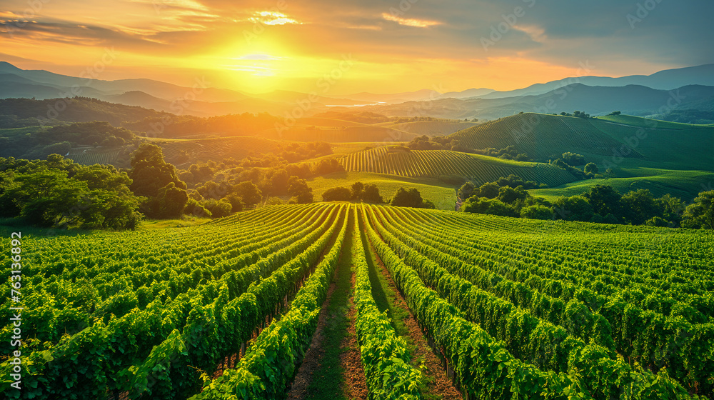 Beautiful landscape of vineyard during sunset. Grapes growing and cultivating, agricultural background.