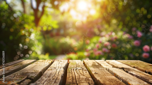 A rustic wooden table foregrounds a blur of colorful garden flowers bathed in sunlight.