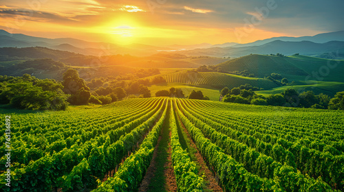 Beautiful landscape of vineyard during sunset. Grapes growing and cultivating  agricultural background.