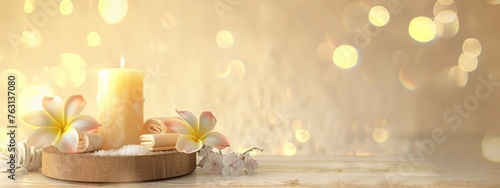 SPA still life composition   burning candle  towel  salt scrub and frangipani flower on the podium on beige background with golden bokeh. Beautyan wellness banner.Copy space