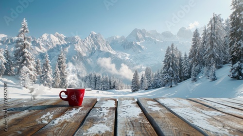 Snow-capped alpine peaks and snow-covered pine trees It creates a comfortable contrast with the refreshing winter scenery. The tranquility of a winter wonderland with a red coffee cup