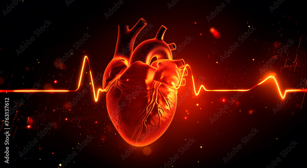 Digital illustration of a glowing heart with pulse line on a dark background, health concept.	 - obrazy, fototapety, plakaty 