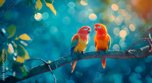 Two colorful parrots on a branch with bokeh background.