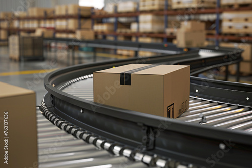 Package on conveyor curve in distribution warehouse