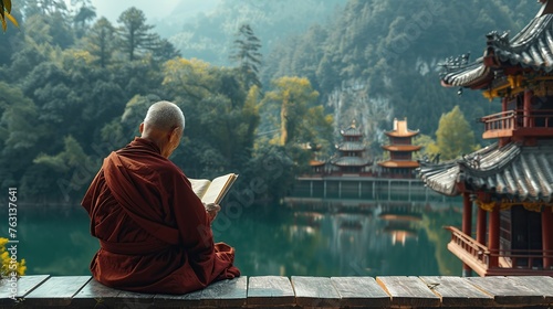 An old monk reading a book by the lake.