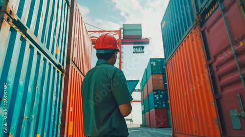 Worker overseeing cargo containers at shipping yard. photo
