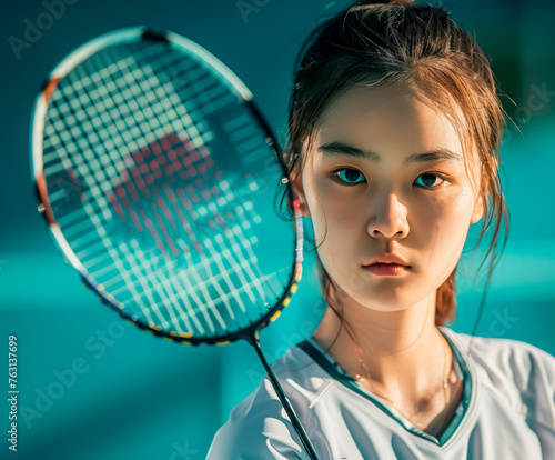 Focused young woman with badminton racket.