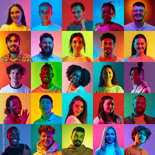 Set of portraits of multiethnic young men and women expressing positive emotion over multicolored background in neon. Concept of diversity, human emotions, youth, lifestyle, business, job fairs