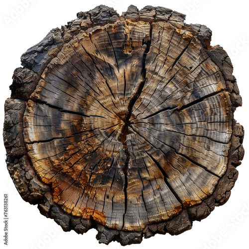 Aged tree cross-section with detailed rings, cut out - stock png.