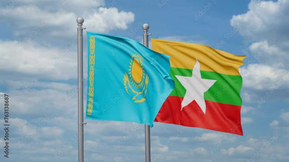 Myanmar aka Burma and Kazakhstan two flags waving together, looped video, two country relations concept Myanmar aka Burma and Kazakhstan two flags waving together, looped video, two country relations concept