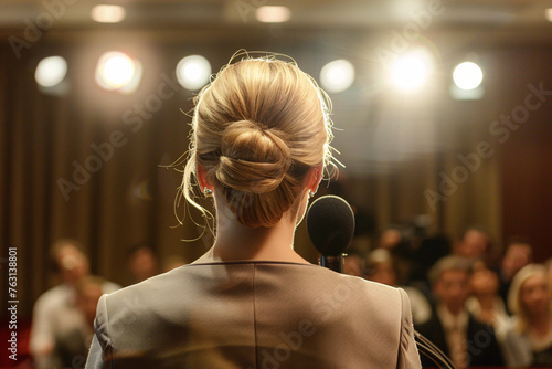 Rear view of a speaker at a podium facing an audience in a conference room
