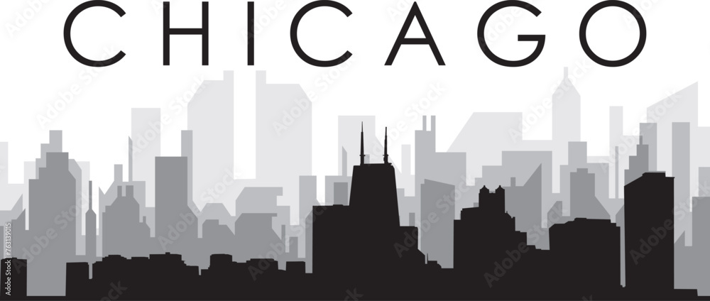 Black cityscape skyline panorama with gray misty city buildings background of CHICAGO, UNITED STATES Black cityscape skyline panorama with gray misty city buildings background of CHICAGO, UNITED STATES