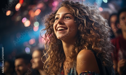 Smiling Woman With Curly Hair at Concert