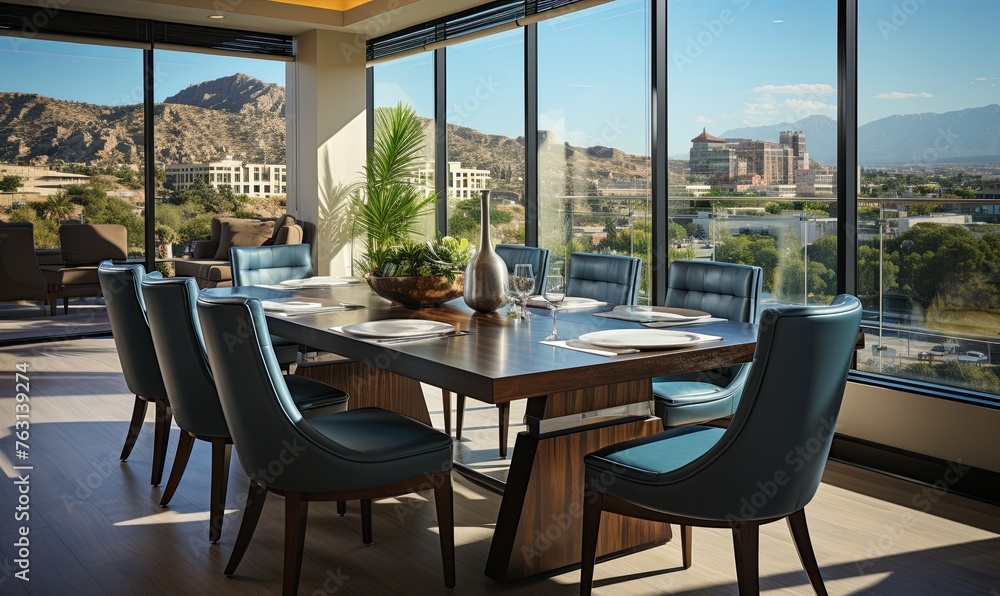 Dining Room Table With Blue Chairs and Mountain View