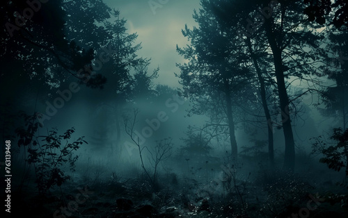 Eerie forest night: found footage-style exploration of playful yet macabre ambiance amidst dark, fog-laden trees