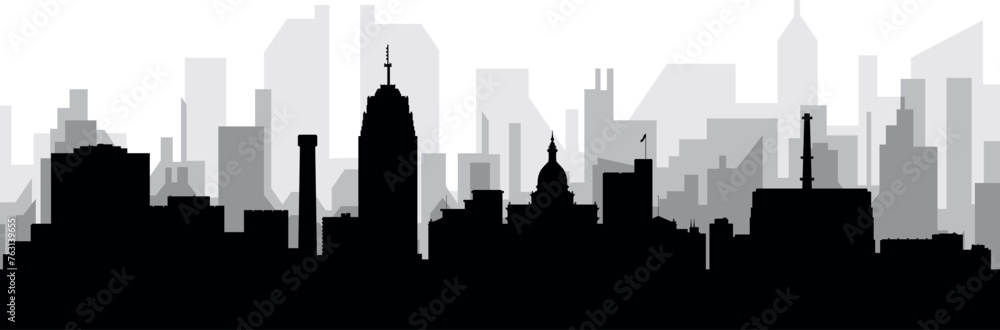Black cityscape skyline panorama with gray misty city buildings background of LANSING, UNITED STATES