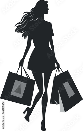 Silhouette of an elegant woman carrying shopping bags after a successful shopping trip. In her hands you can see bright packages; you can add your logos. Vector outline illustration