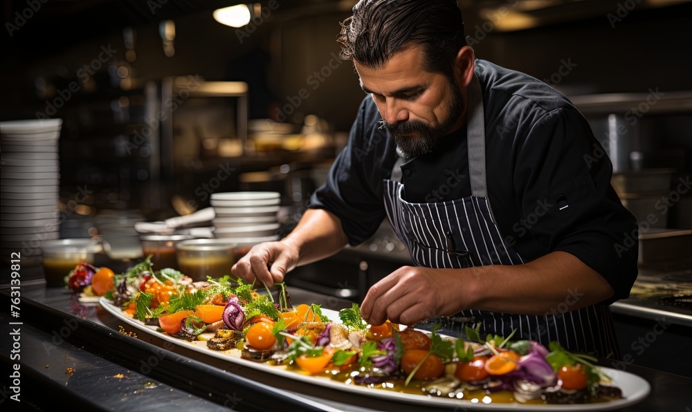 Man Preparing Food on Plate in Kitchen