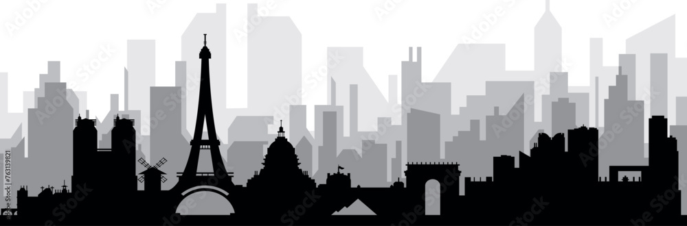 Black cityscape skyline panorama with gray misty city buildings background of PARIS, FRANCE