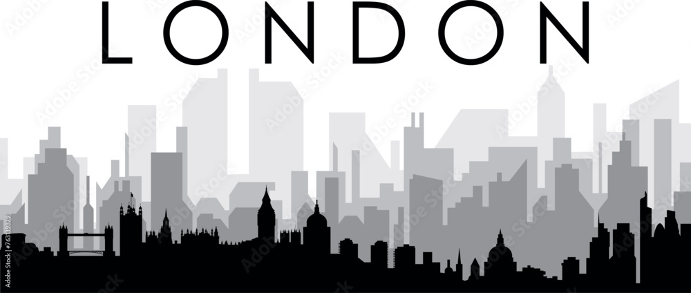 Black cityscape skyline panorama with gray misty city buildings background of LONDON, UNITED KINGDOM