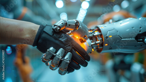 An Engineering robot and a man shake hands at a factory event