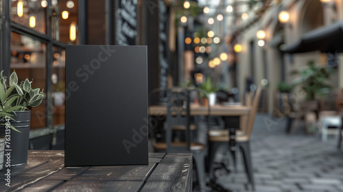 Empty black menu board mockup near restaurant or cafe entrance.