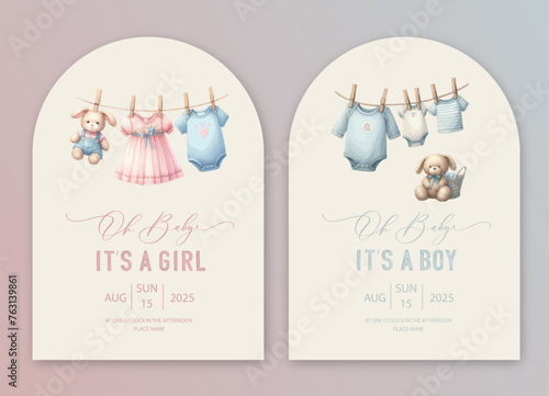 Cute arch baby shower watercolor invitation card for baby and kids new born celebration. Its a girl, Its a boy card with baby dress on rope.