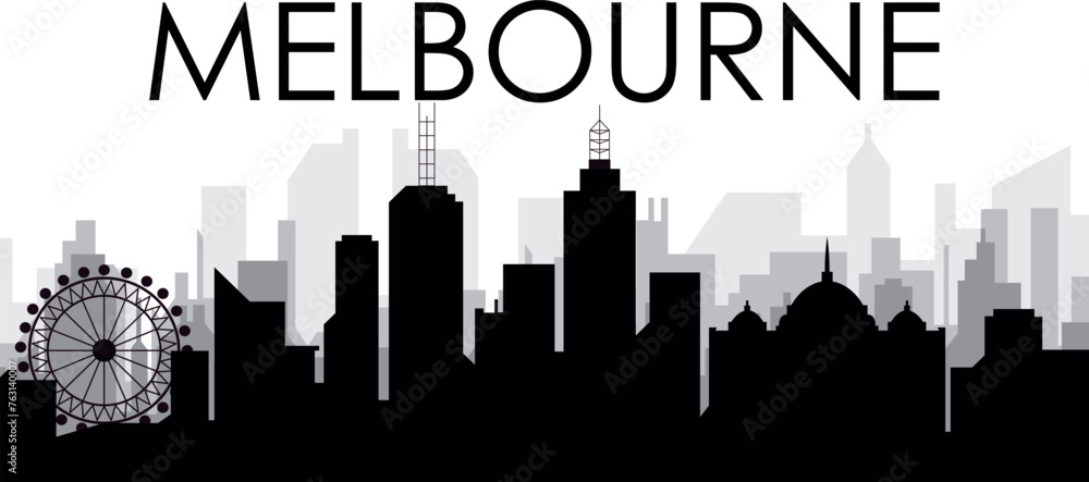 Black cityscape skyline panorama with gray misty city buildings background of MELBOURNE, AUSTRALIA