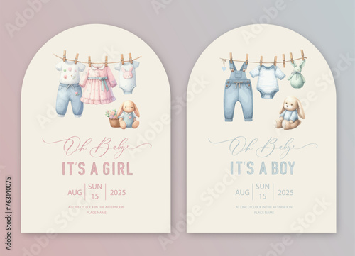 Cute arch baby shower watercolor invitation card for baby and kids new born celebration. Its a girl, Its a boy card with baby dress on rope.