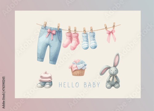 Cute baby shower watercolor invitation card for baby and kids new born celebration with baby clothes.