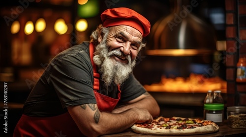 Smiling mature man making pizza in authentic italian restaurant brick oven with copy space