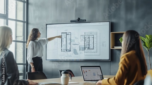 Professionals at architectural project discussion. Team of professionals discuss an architectural project displayed on a screen in a business meeting