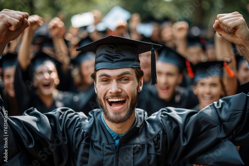 An exuberant male graduate with raised fists, celebrating among fellow graduates photo