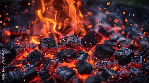 Charcoal briquettes are glowing and flaming in this barbecue grill pit. Generative Ai