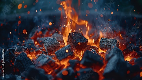 Charcoal briquettes are glowing and flaming in this barbecue grill pit. Generative Ai
